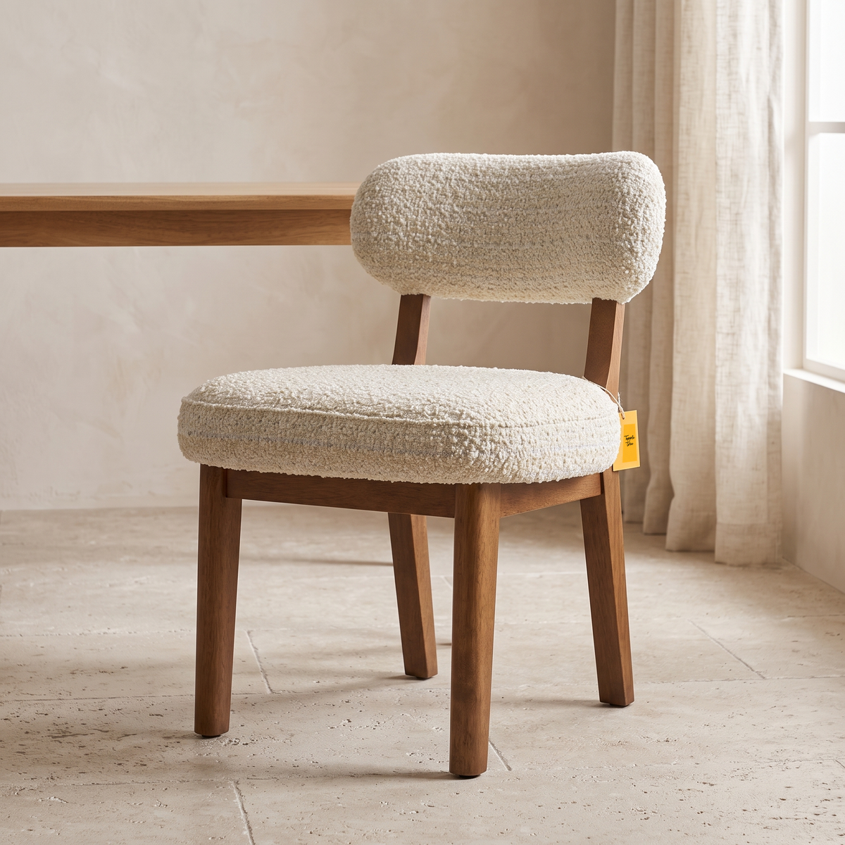 Dorian Meadow Bouclé Mango Wood Dining Chairs (Set of 2), three-quarter view in a dining room