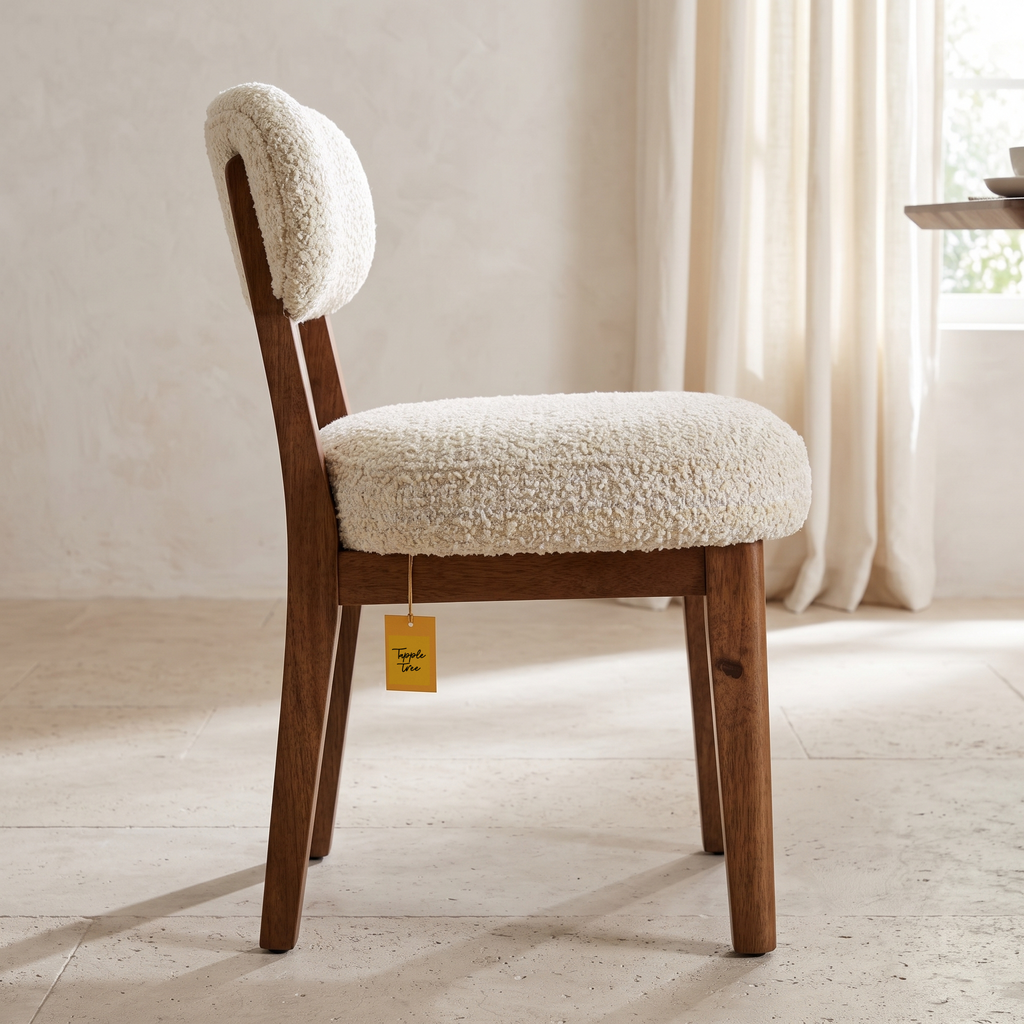 Dorian Meadow Bouclé Mango Wood Dining Chairs (Set of 2), side view in a dining room