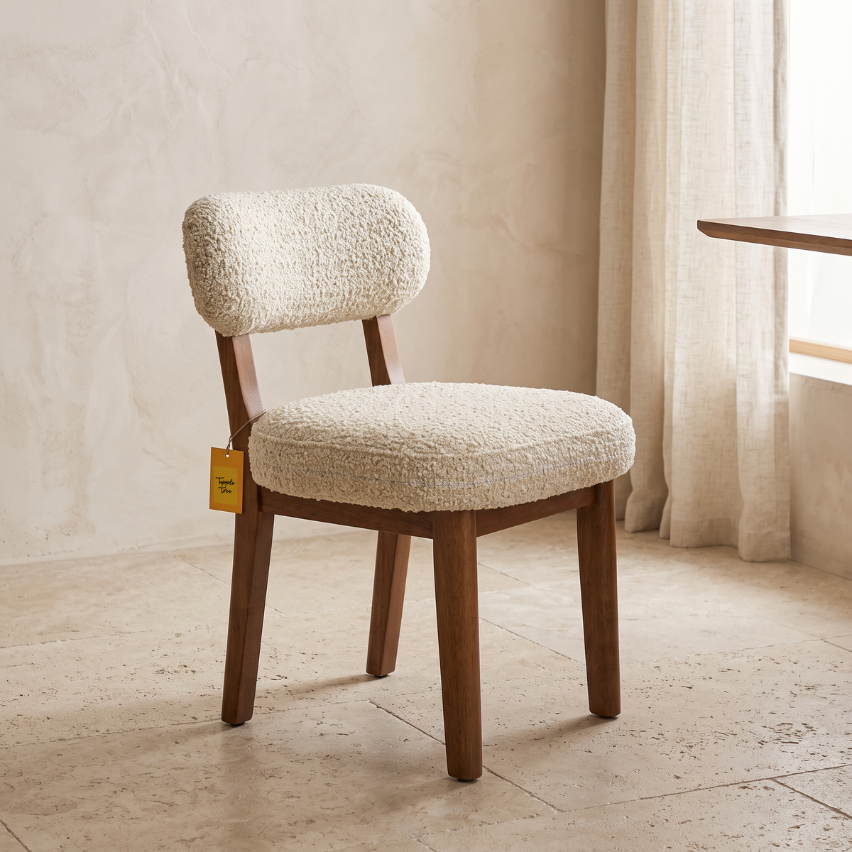 Dorian Meadow Bouclé Mango Wood Dining Chairs (Set of 2), view from above in a dining room
