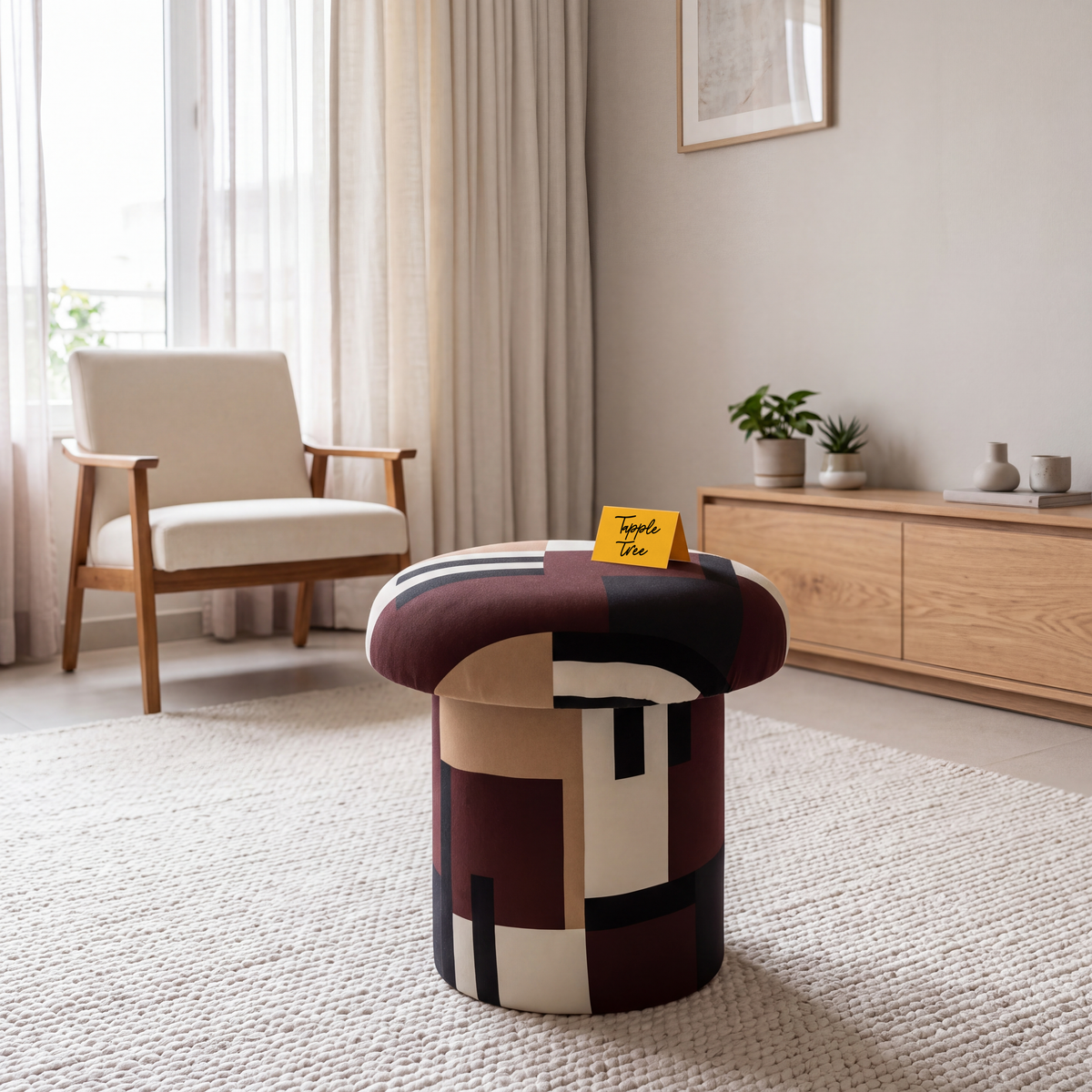 Ember Park Upholstered Suede Ottoman, styled in a living room