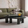 Emerald Oval Green Marble Coffee Table Set of 2 in a glossy finish, styled in a living room