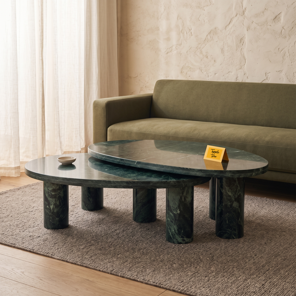 Emerald Oval Green Marble Coffee Table Set of 2, three-quarter view in a living room
