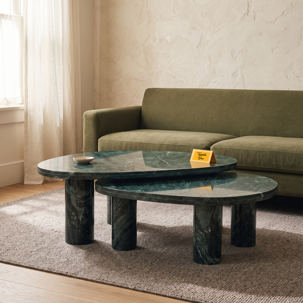 Emerald Oval Green Marble Coffee Table Set of 2, side view in a living room