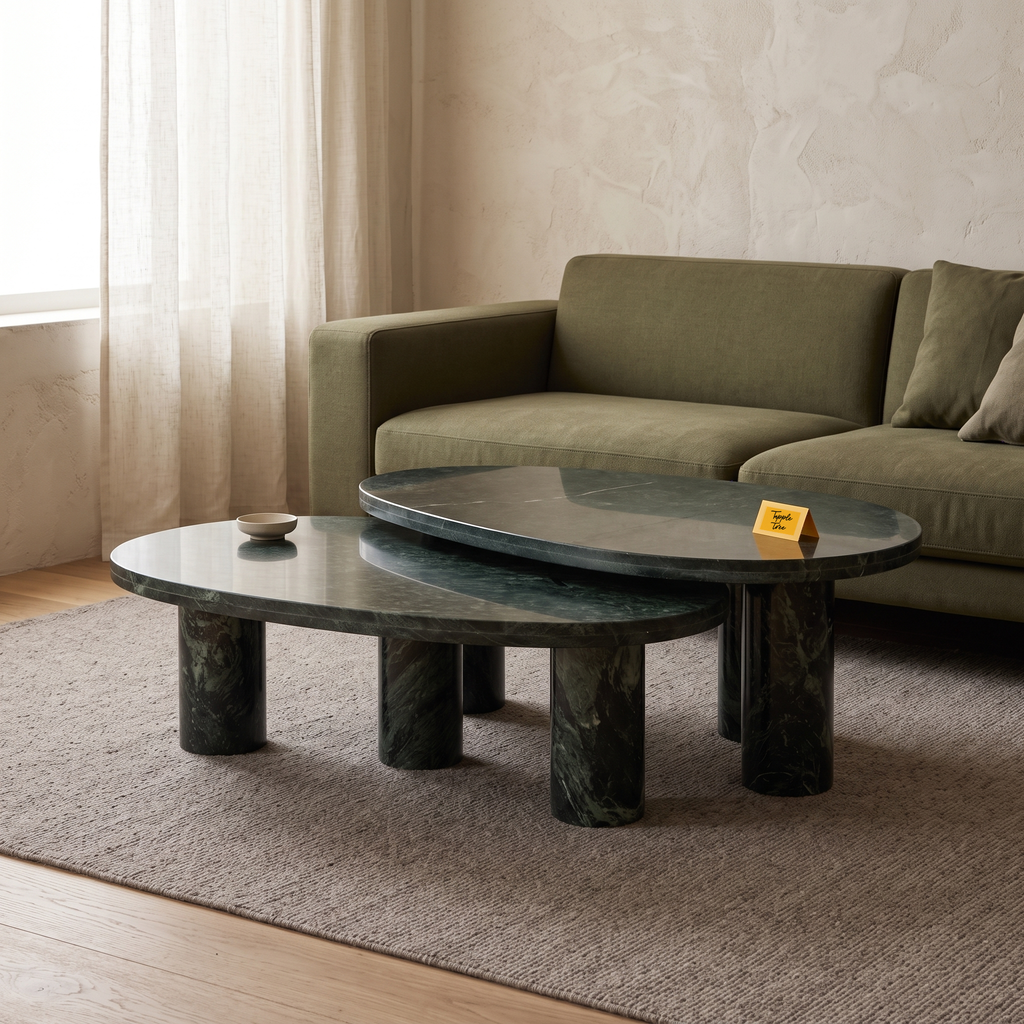 Emerald Oval Green Marble Coffee Table Set of 2, view from above in a living room