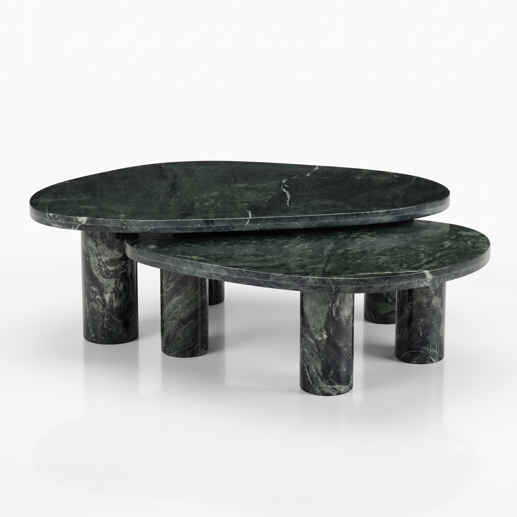 Emerald Oval Green Marble Coffee Table Set of 2, front view on a white background