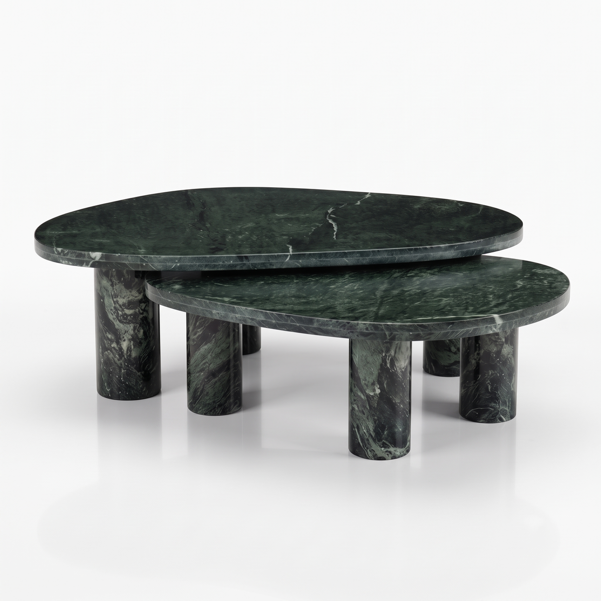 Emerald Oval Green Marble Coffee Table Set of 2, front view on a white background