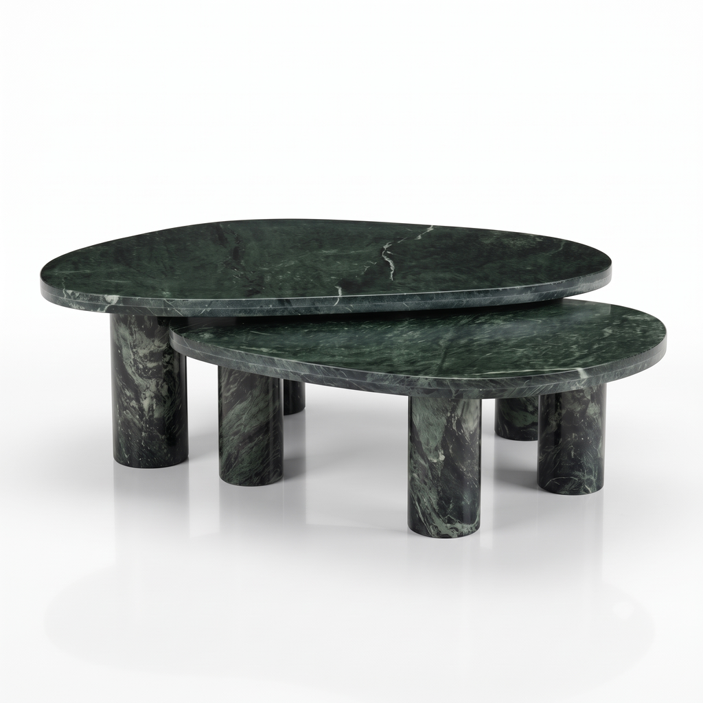 Emerald Oval Green Marble Coffee Table Set of 2, left three-quarter view on a white background