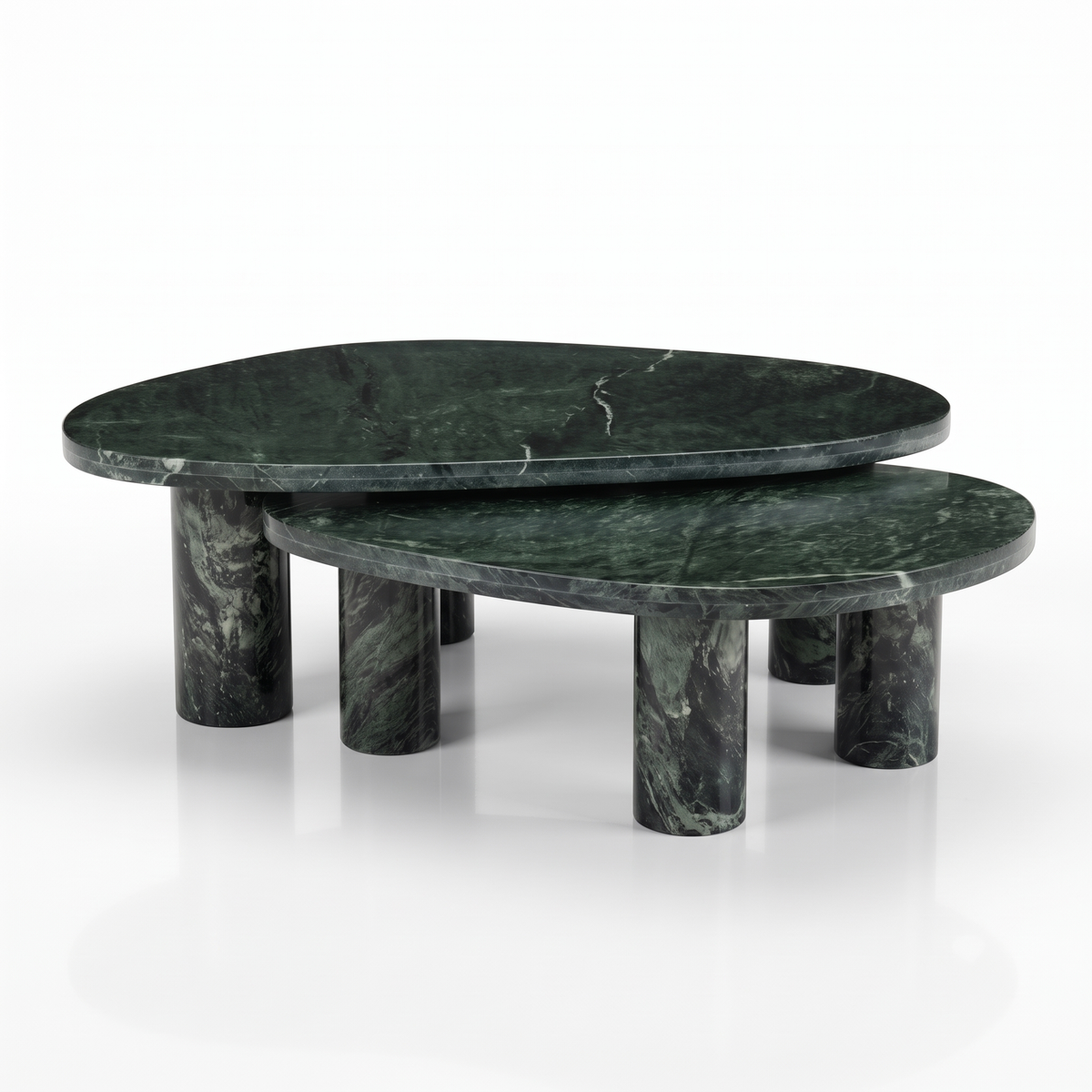 Emerald Oval Green Marble Coffee Table Set of 2, left three-quarter view on a white background