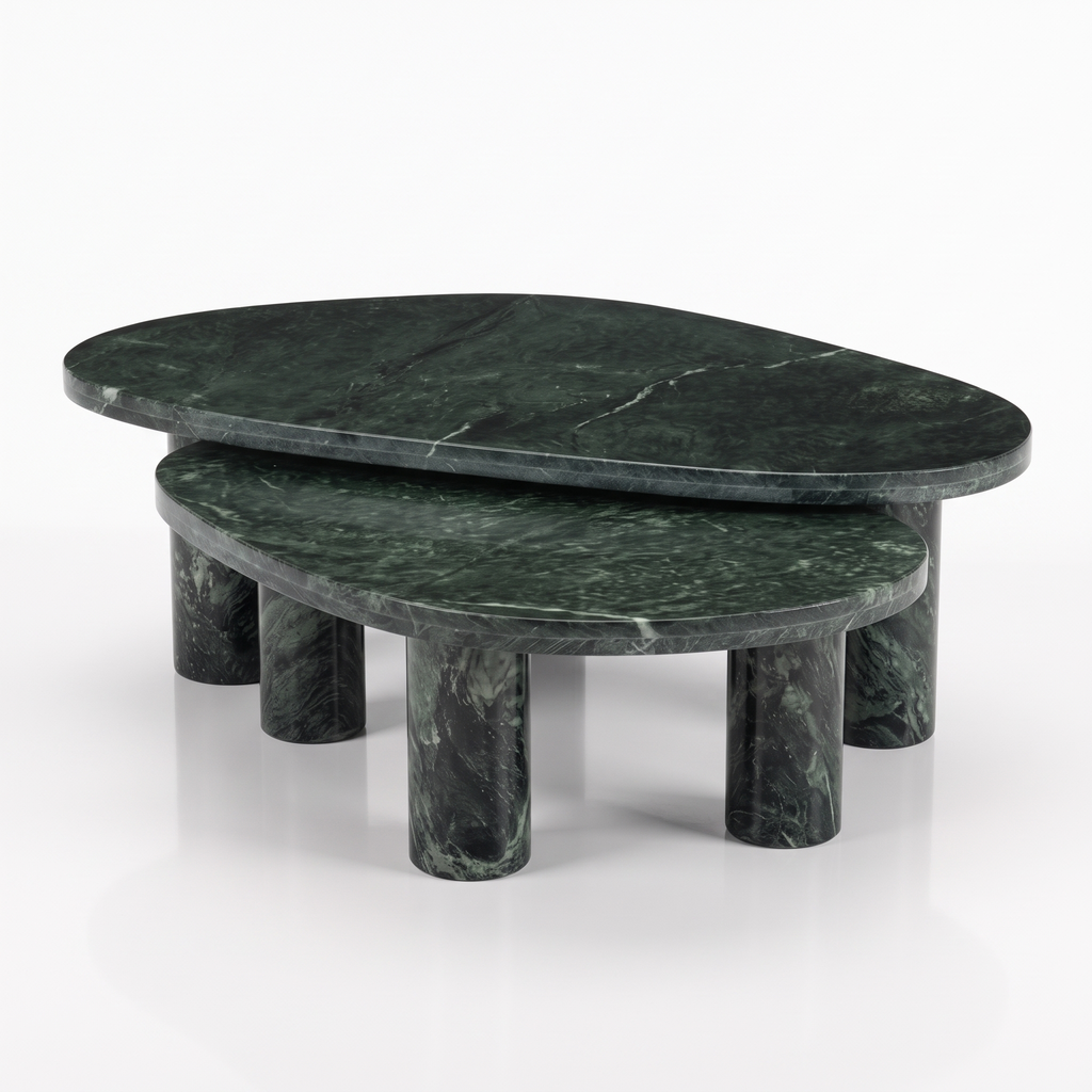 Emerald Oval Green Marble Coffee Table Set of 2, right three-quarter view on a white background
