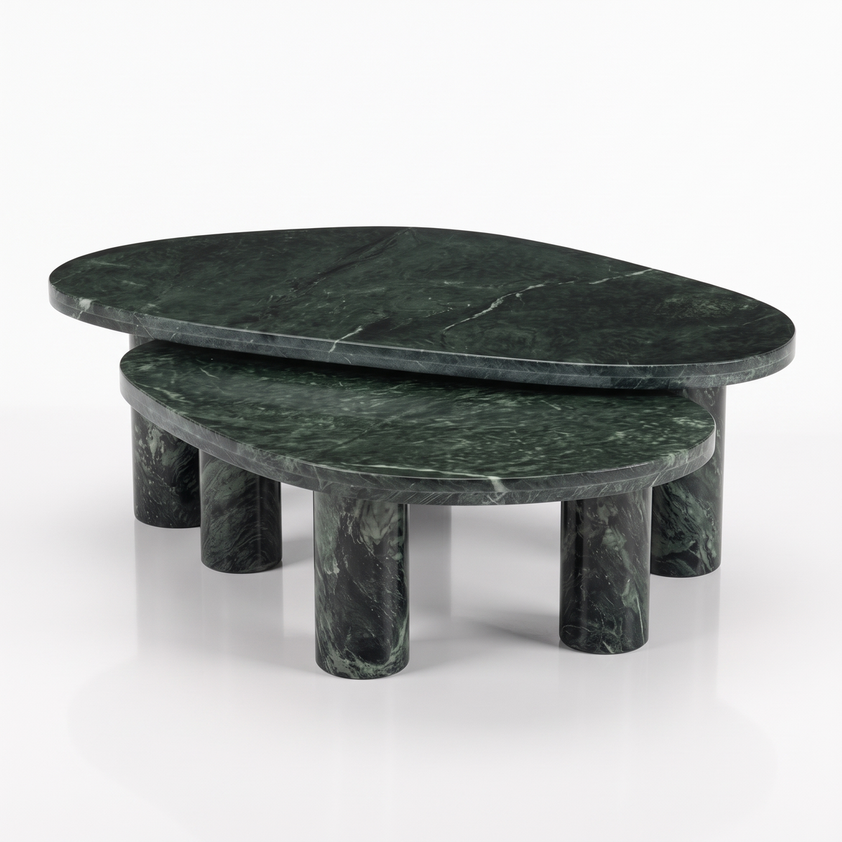 Emerald Oval Green Marble Coffee Table Set of 2, right three-quarter view on a white background