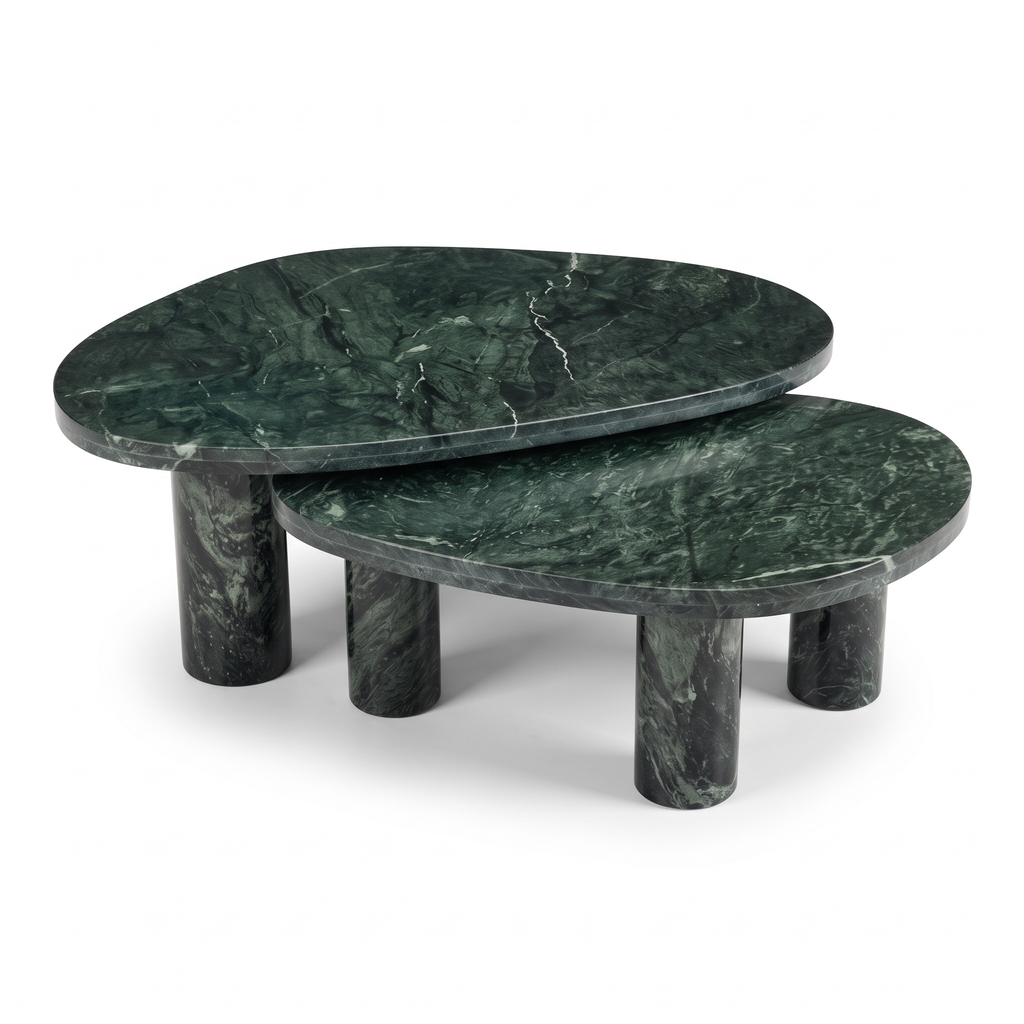 Emerald Oval Green Marble Coffee Table Set of 2, side view on a white background