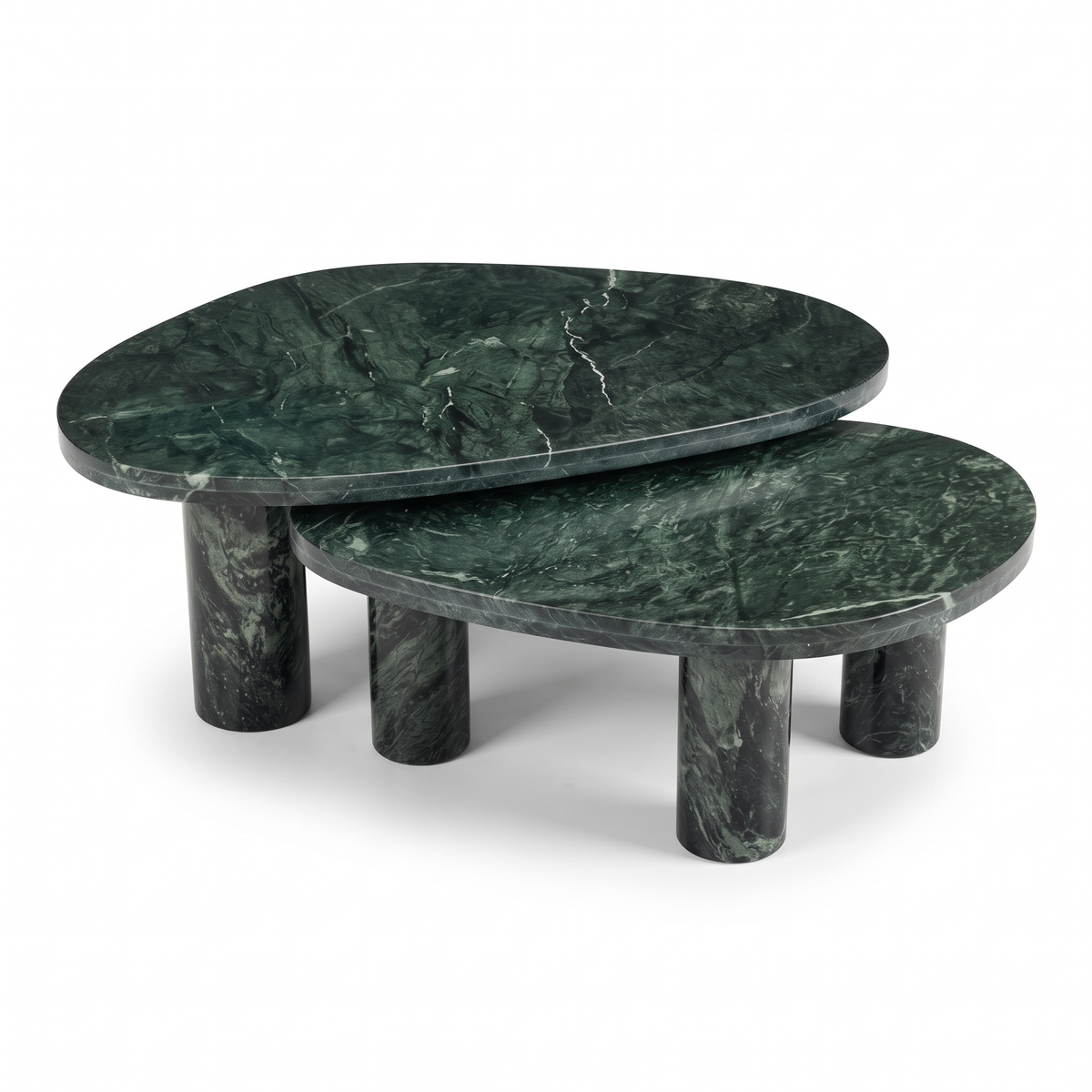 Emerald Oval Green Marble Coffee Table Set of 2, side view on a white background