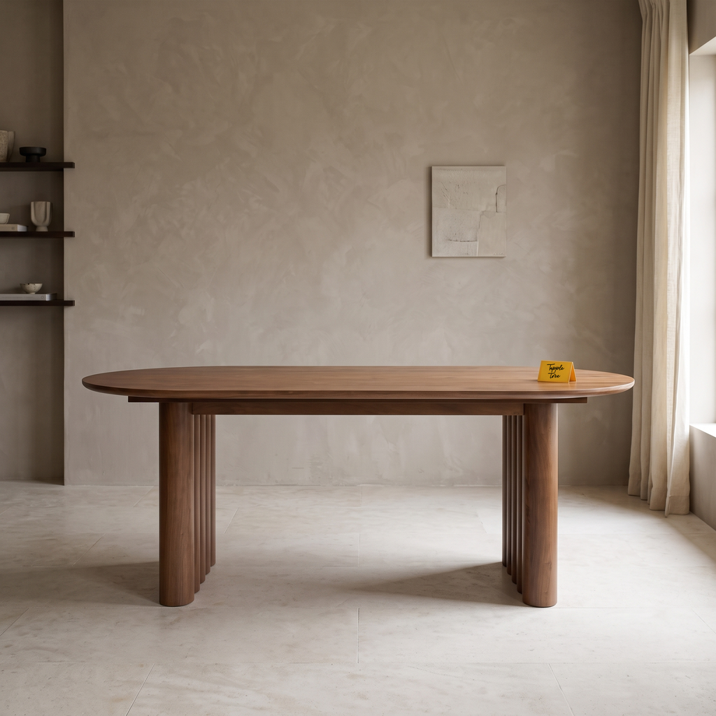 Fluted Oval Mango Wood 6-Seater Dining Table, front view in a dining room