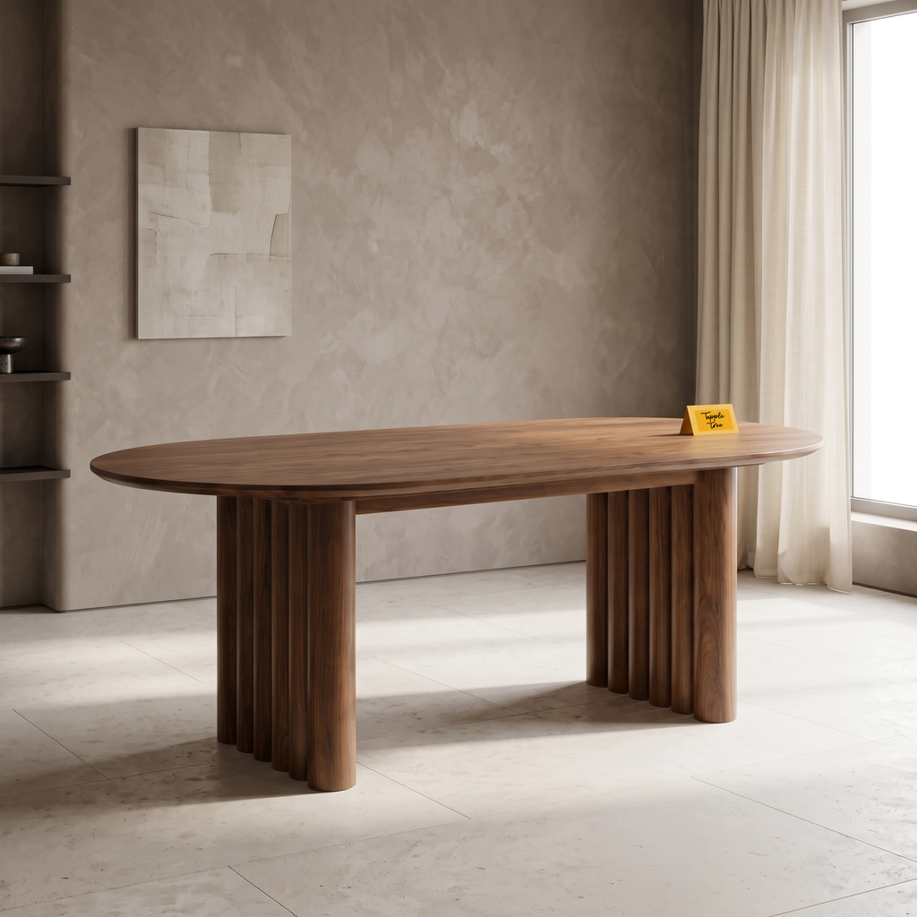 Fluted Oval Mango Wood 6-Seater Dining Table, three-quarter view in a dining room
