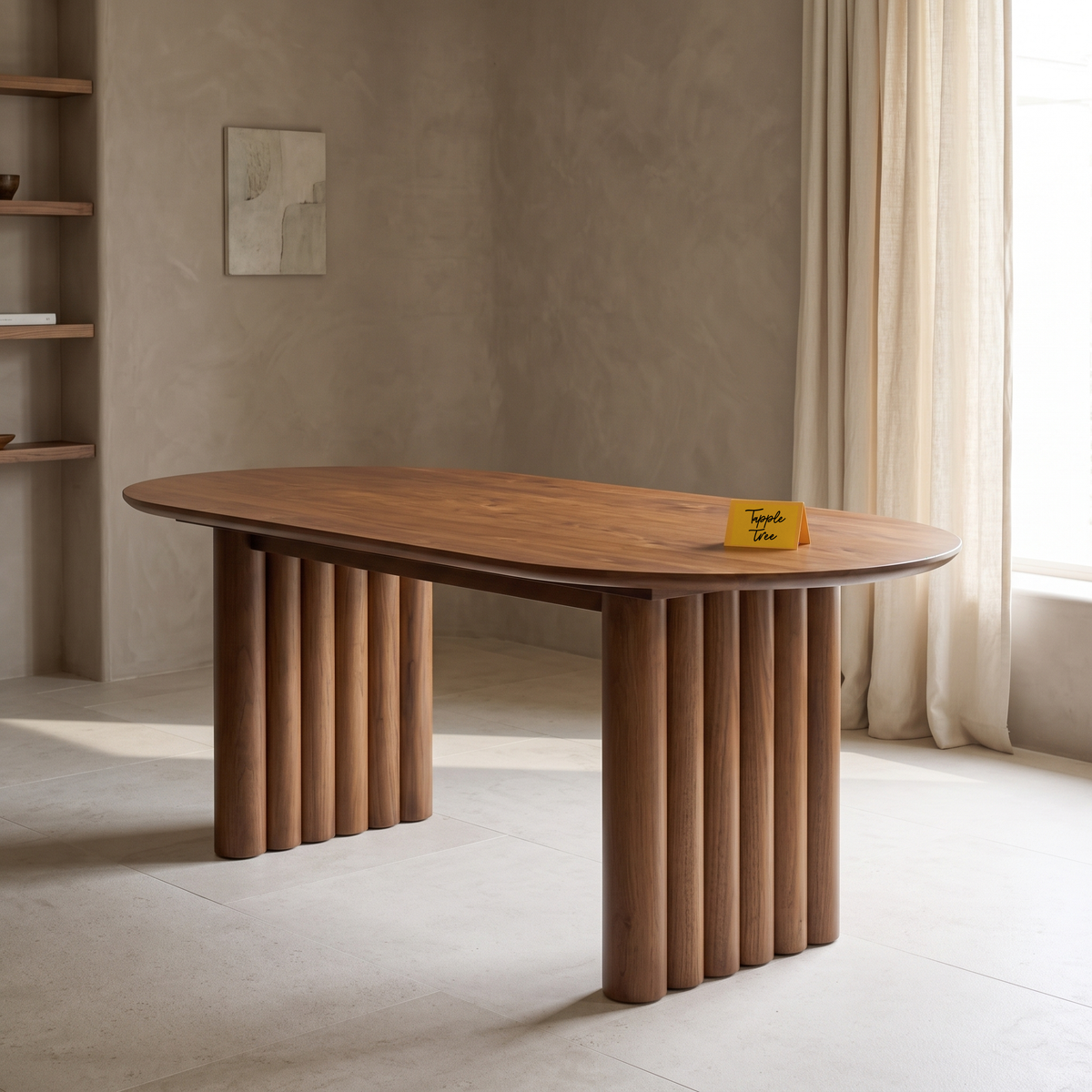 Fluted Oval Mango Wood 6-Seater Dining Table, side view in a dining room