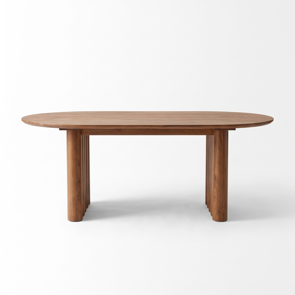 Fluted Oval Mango Wood 6-Seater Dining Table, front view on a white background