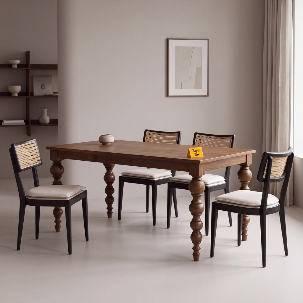 Heritage Turned-Leg Mango Wood 6-Seater Dining Table in an Amber Solace finish, styled in a dining room