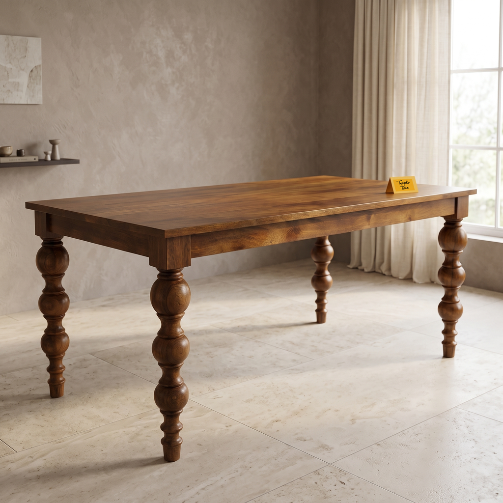 Heritage Turned-Leg Mango Wood 6-Seater Dining Table, three-quarter view in a dining room