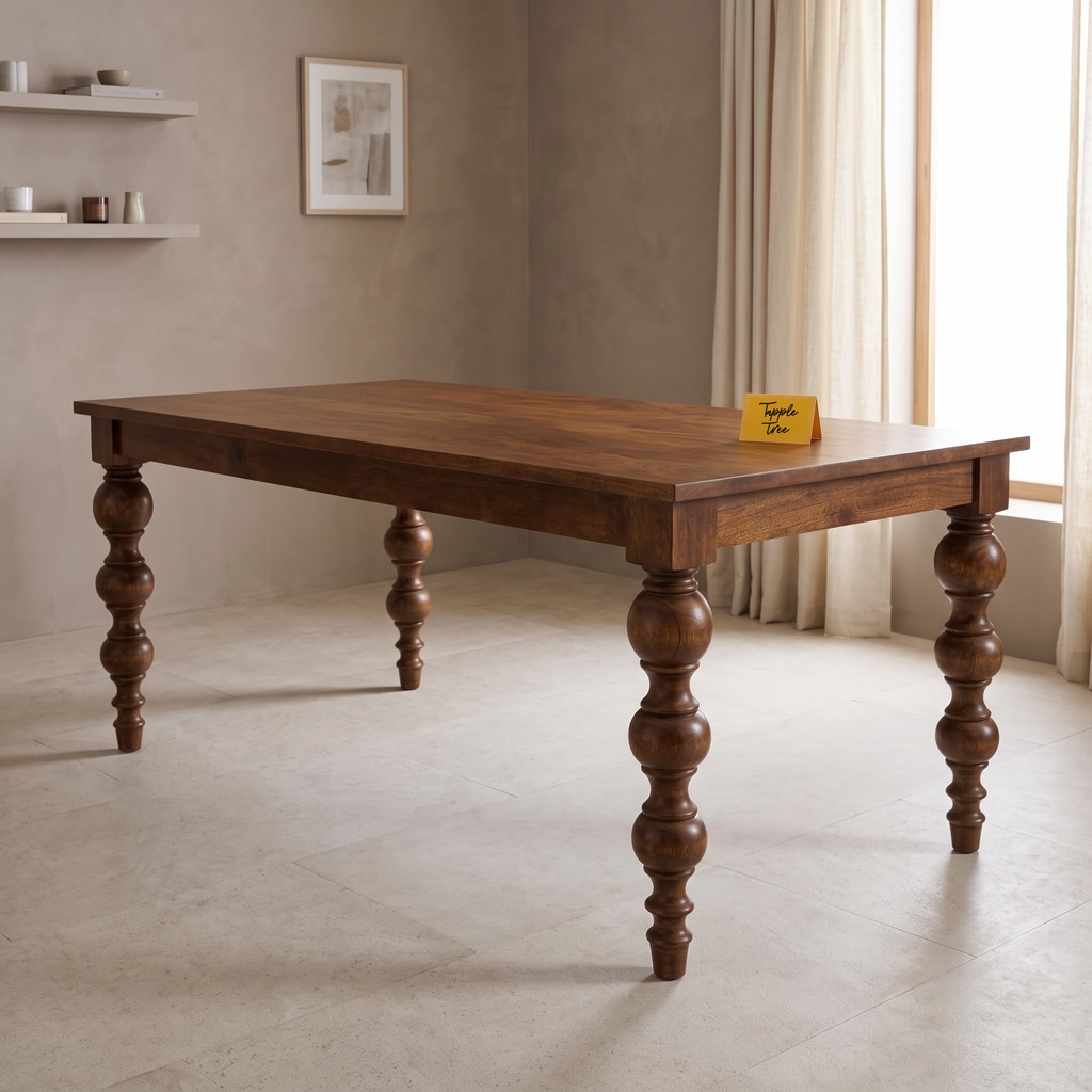 Heritage Turned-Leg Mango Wood 6-Seater Dining Table, side view in a dining room