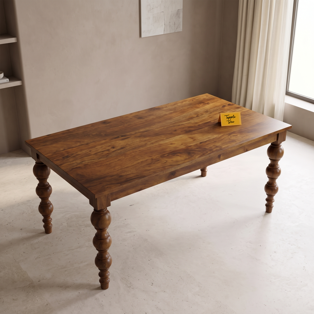 Heritage Turned-Leg Mango Wood 6-Seater Dining Table, view from above in a dining room