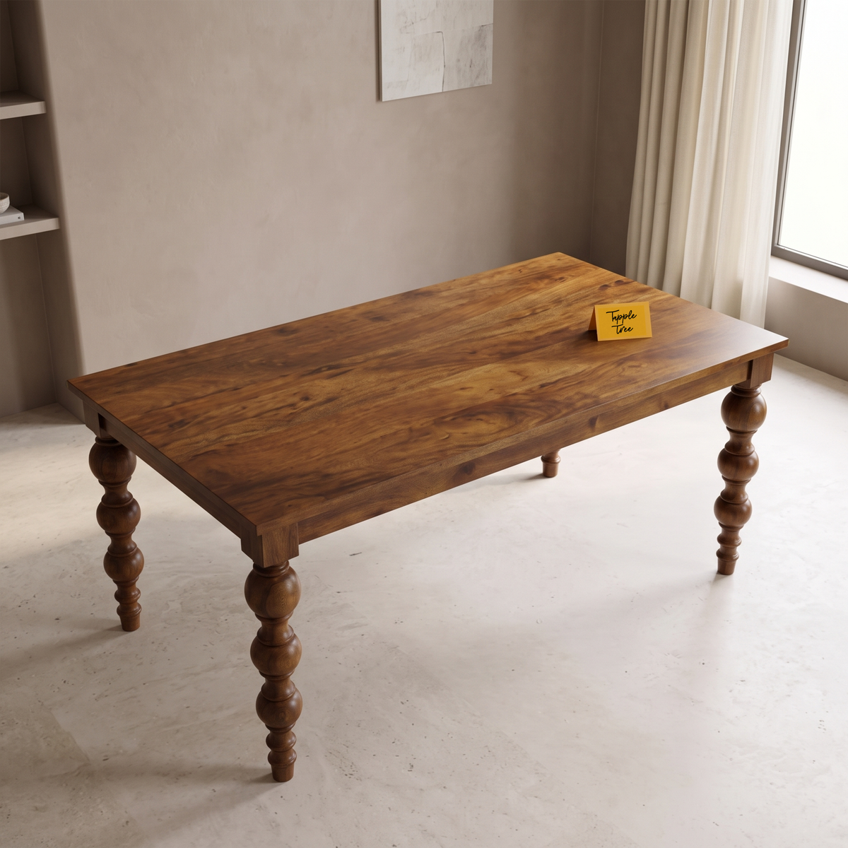 Heritage Turned-Leg Mango Wood 6-Seater Dining Table, view from above in a dining room
