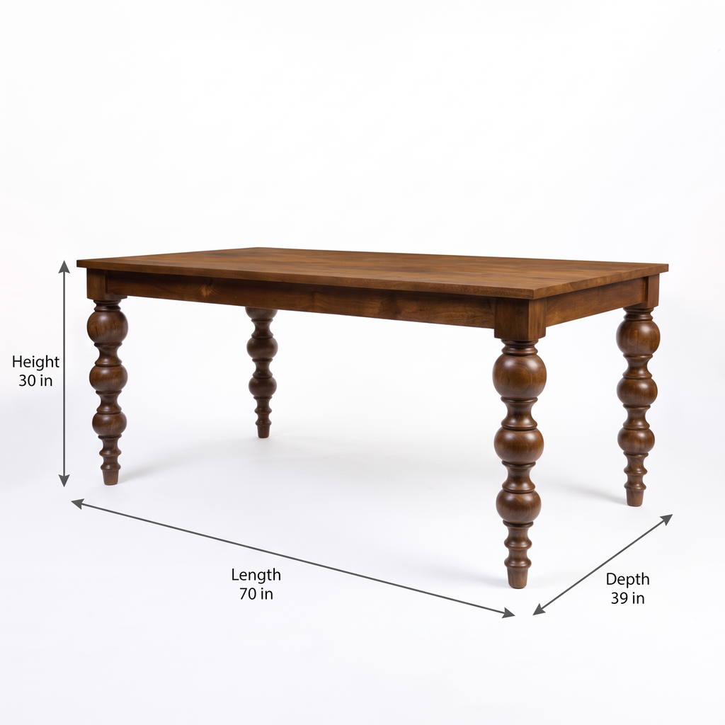 Heritage Turned-Leg Mango Wood 6-Seater Dining Table dimensions: 178 × 99 × 76 cm (W × D × H)