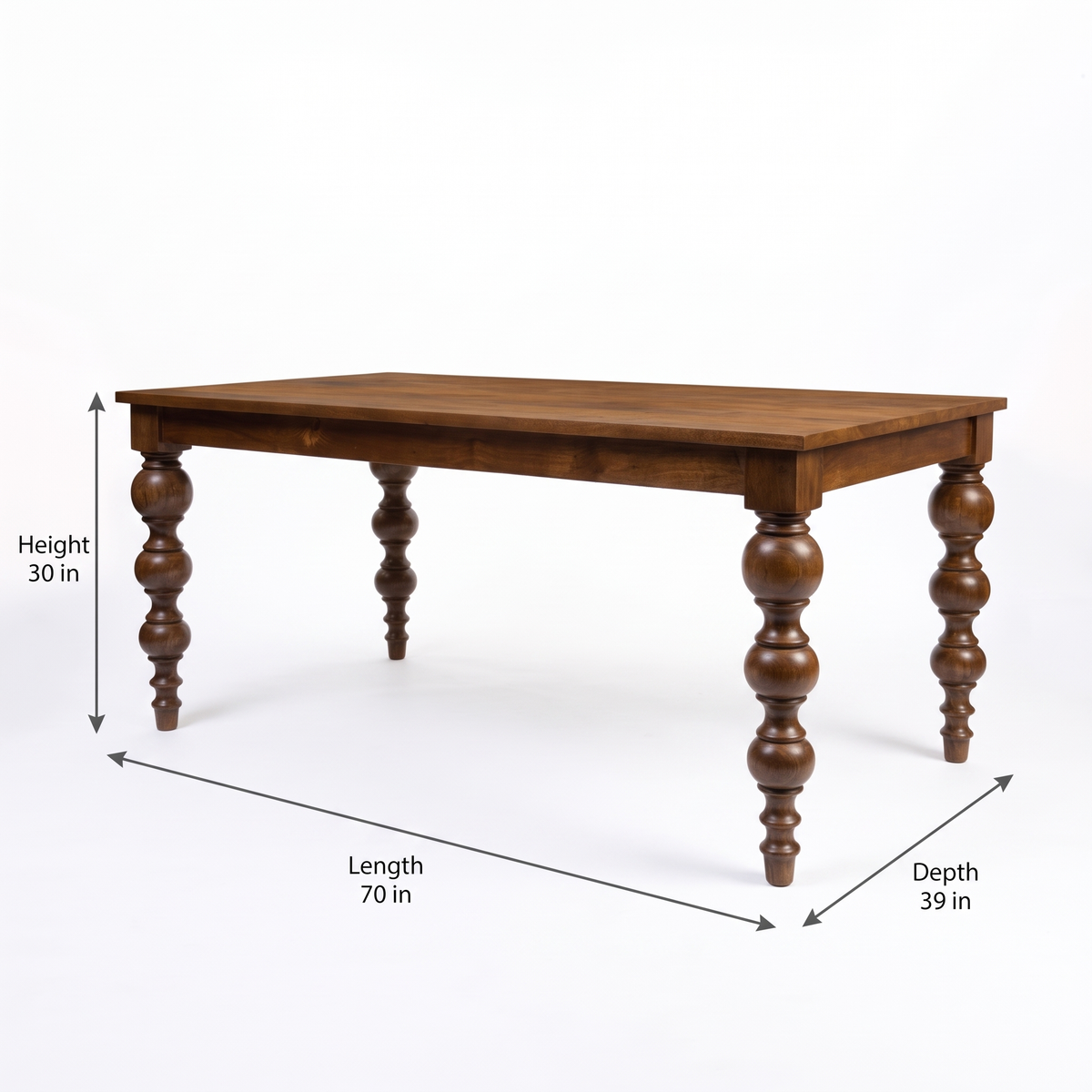 Heritage Turned-Leg Mango Wood 6-Seater Dining Table dimensions: 178 × 99 × 76 cm (W × D × H)