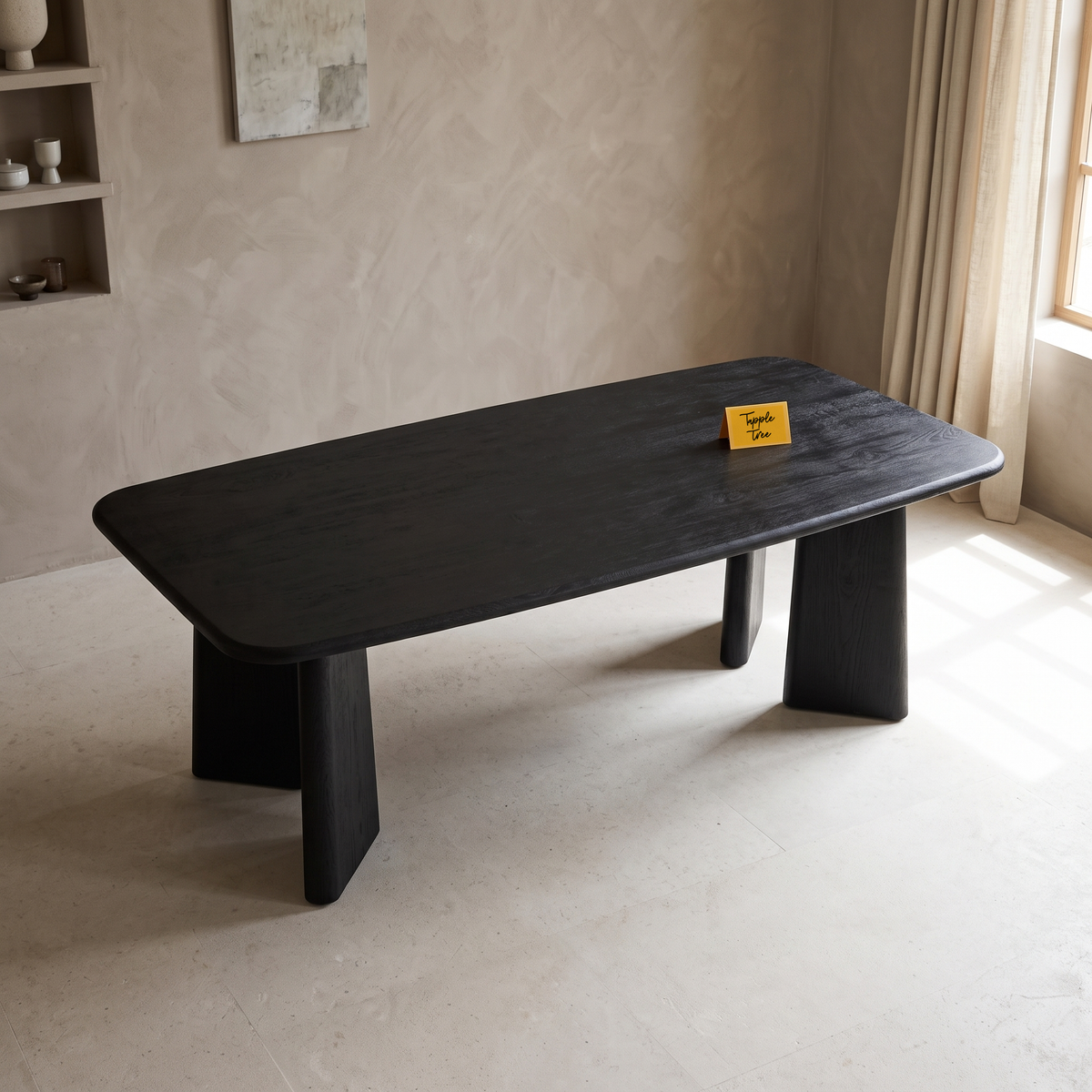 Noir Tapered Black Mango Wood 6-Seater Dining Table, view from above in a dining room