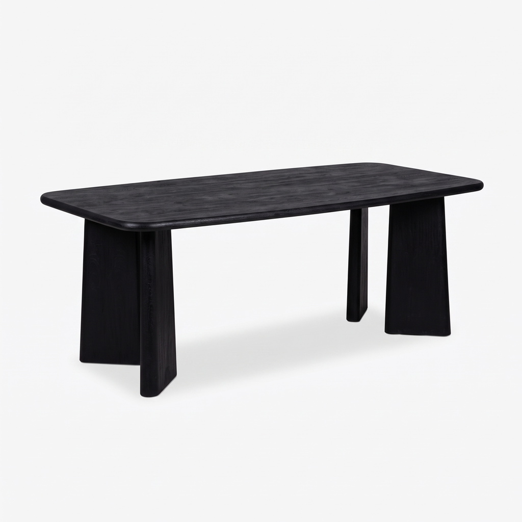 Noir Tapered Black Mango Wood 6-Seater Dining Table, left three-quarter view on a white background