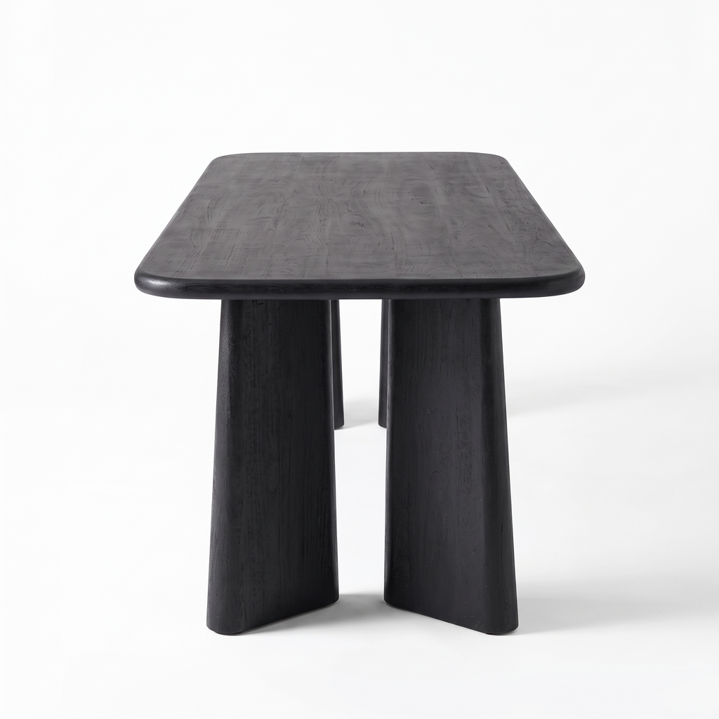 Noir Tapered Black Mango Wood 6-Seater Dining Table, right three-quarter view on a white background