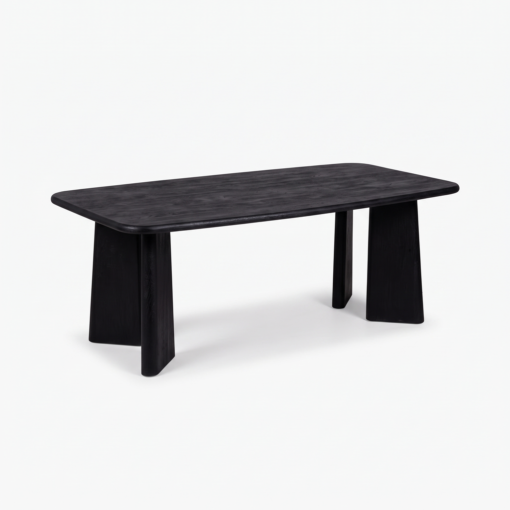 Noir Tapered Black Mango Wood 6-Seater Dining Table, side view on a white background