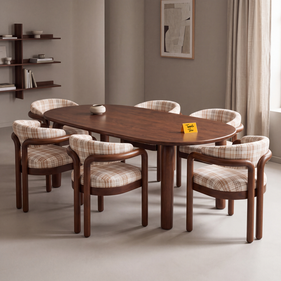 Plaid Curve Acacia Dining Set — main lifestyle hero