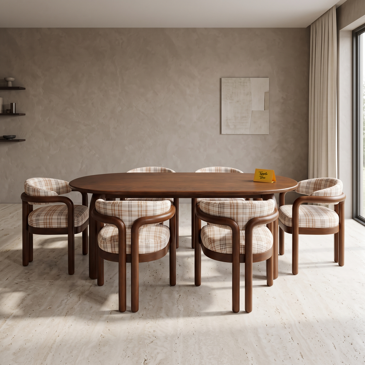 Plaid Curve Oval Acacia Wood 6-Seater Dining Set, front view in a dining room
