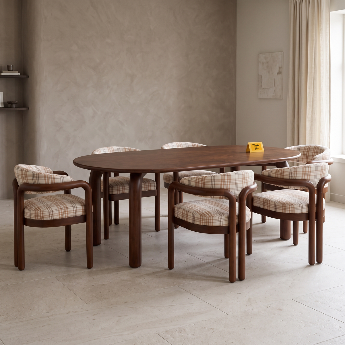 Plaid Curve Oval Acacia Wood 6-Seater Dining Set, three-quarter view in a dining room