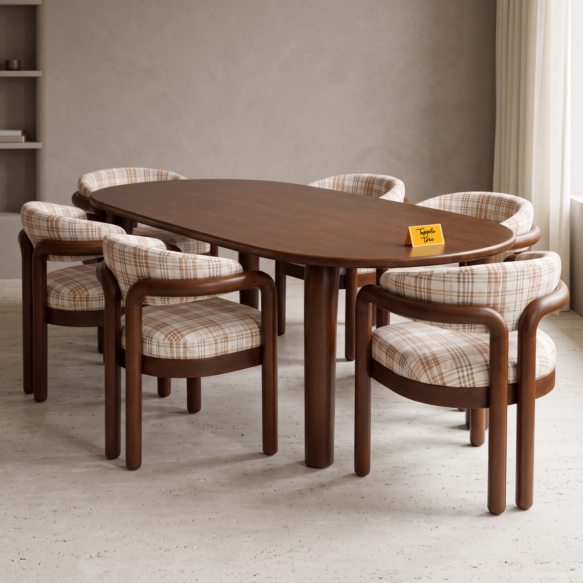 Plaid Curve Oval Acacia Wood 6-Seater Dining Set, side view in a dining room
