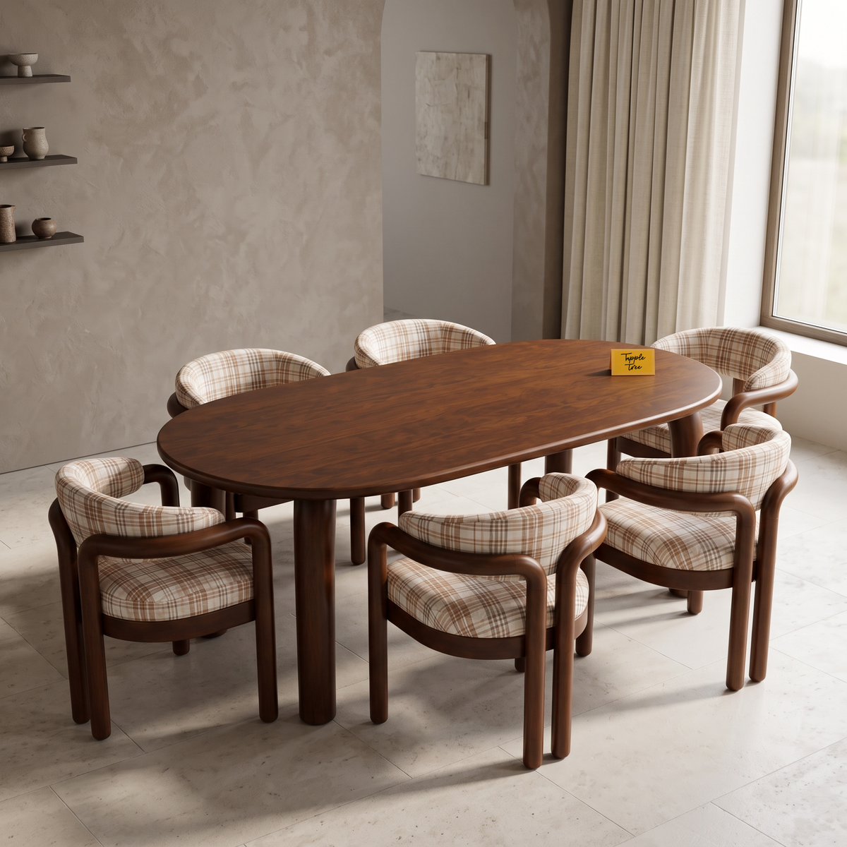 Plaid Curve Oval Acacia Wood 6-Seater Dining Set, view from above in a dining room