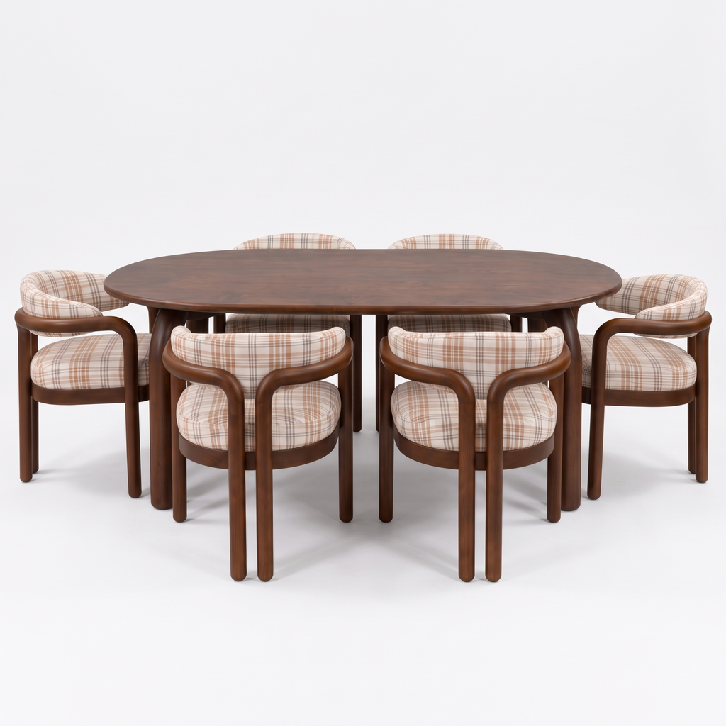 Plaid Curve Oval Acacia Wood 6-Seater Dining Set, front view on a white background