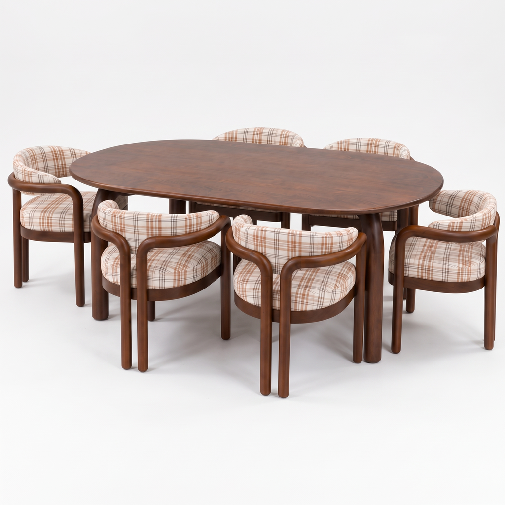 Plaid Curve Oval Acacia Wood 6-Seater Dining Set, left three-quarter view on a white background