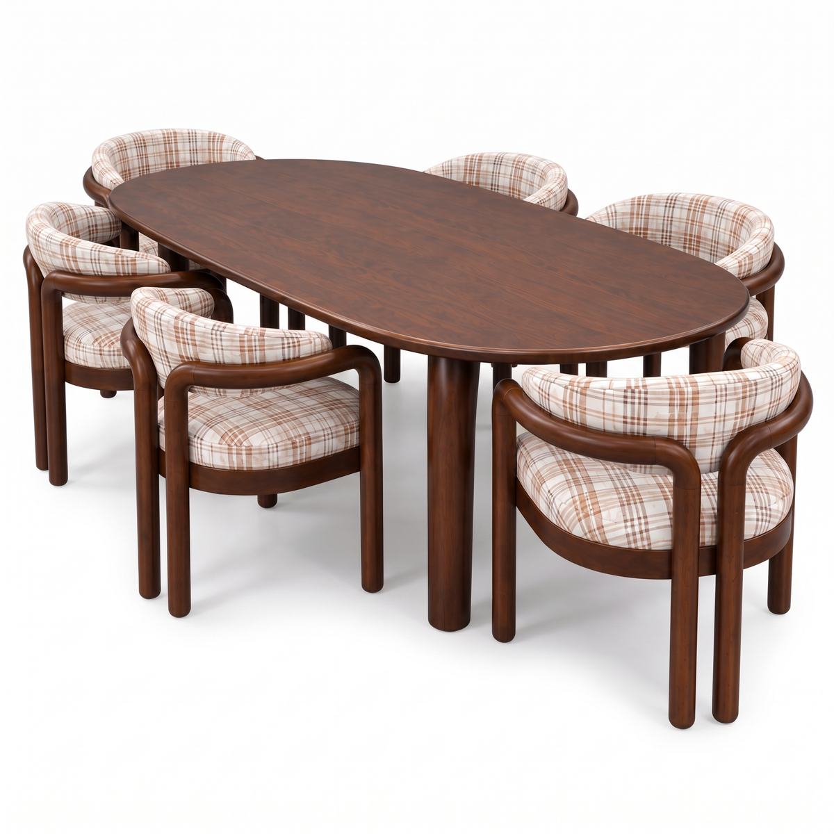 Plaid Curve Oval Acacia Wood 6-Seater Dining Set, right three-quarter view on a white background