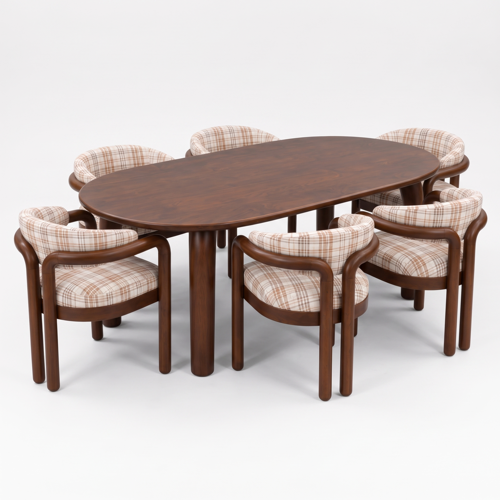 Plaid Curve Oval Acacia Wood 6-Seater Dining Set, side view on a white background