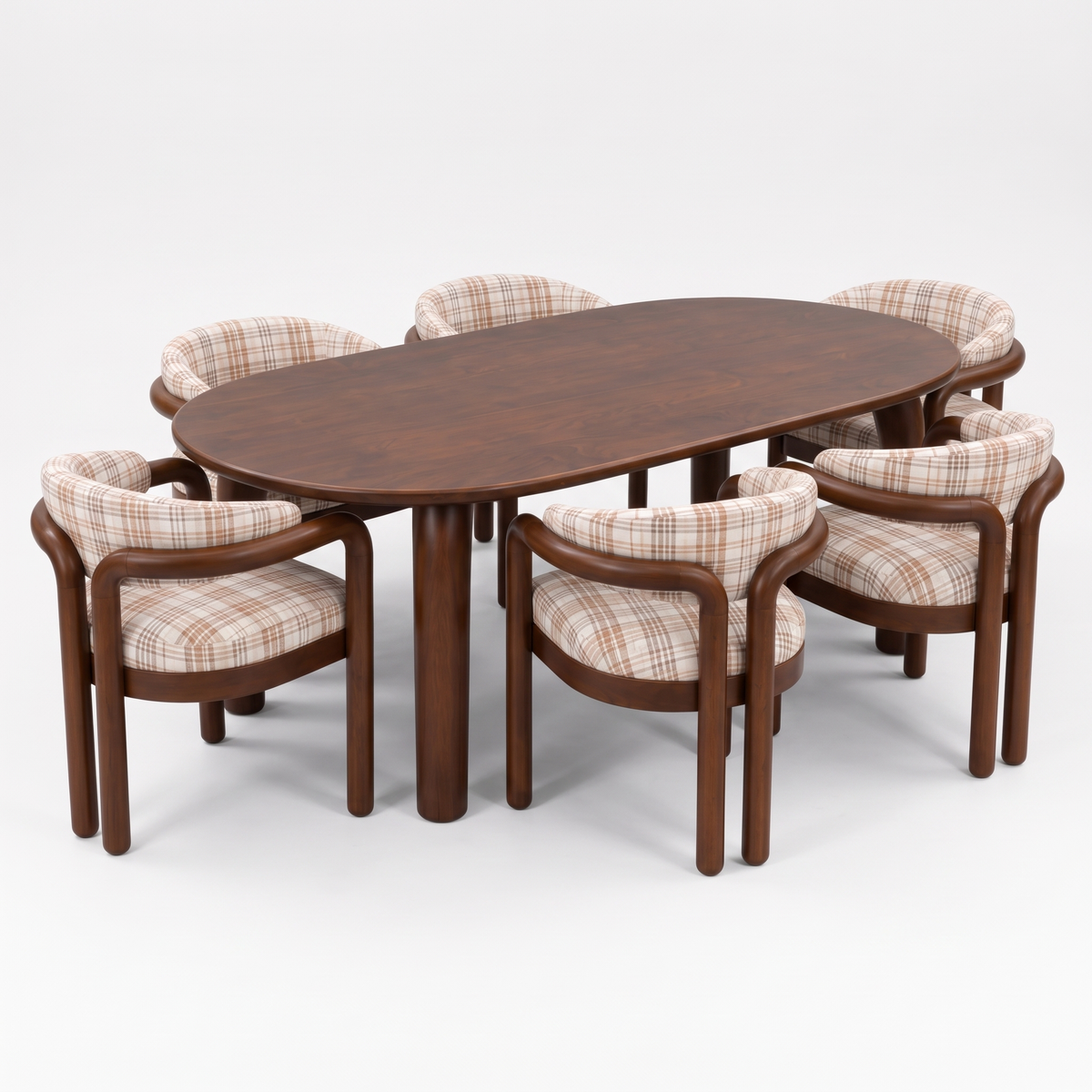 Plaid Curve Oval Acacia Wood 6-Seater Dining Set, side view on a white background