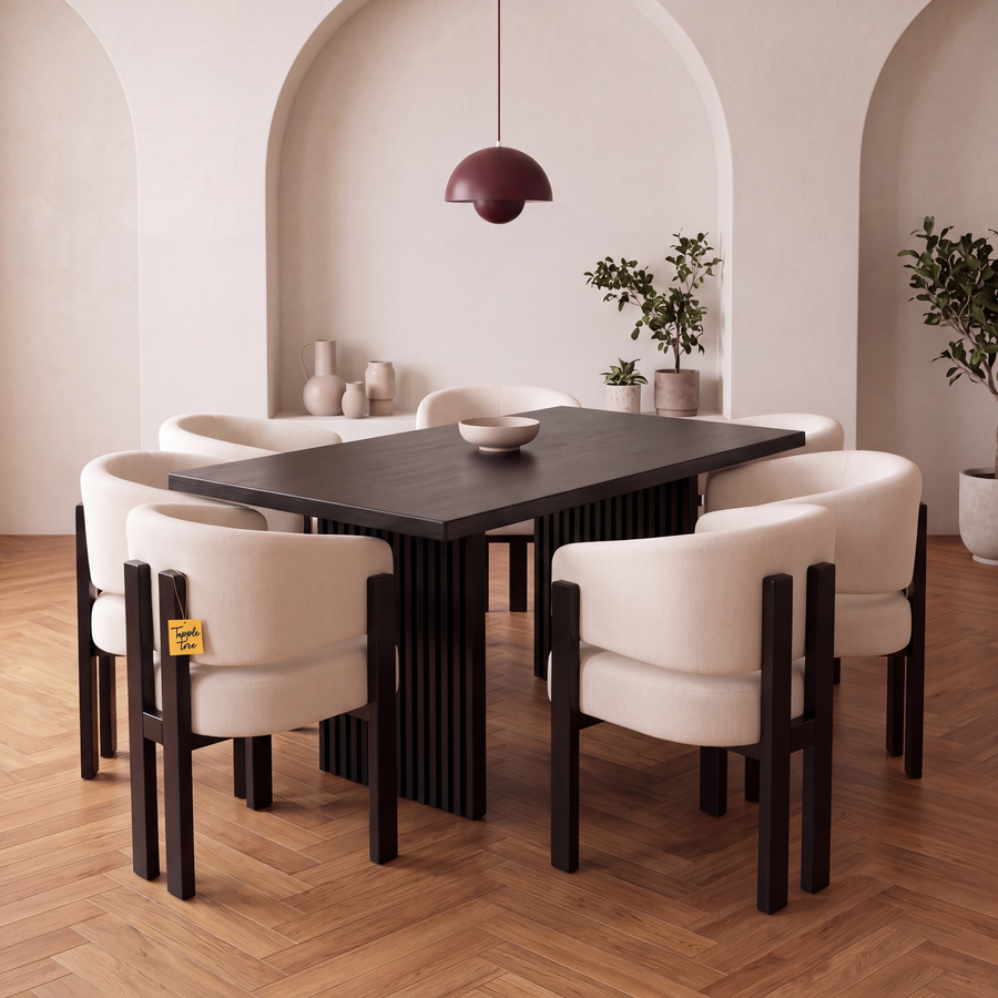 Noir Fluted Black Mango Wood 6-Seater Dining Set — main lifestyle view
