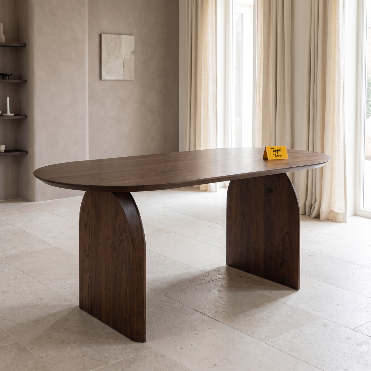 Arch Oval Acacia Wood 6-Seater Dining Table, three-quarter view in a dining room