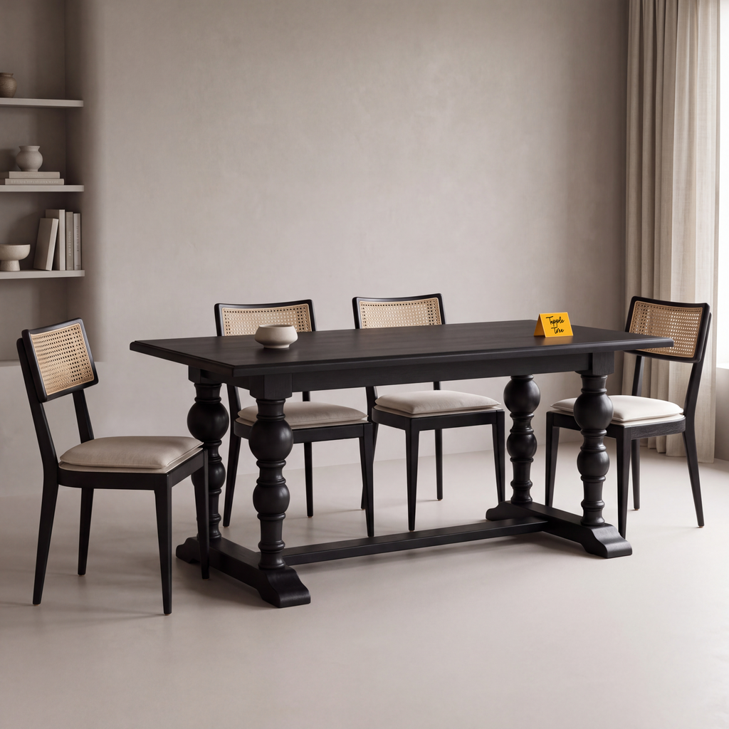 Noir Trestle Black Mango Wood 6-Seater Dining Table in an Obsidian Luxe finish, styled in a dining room