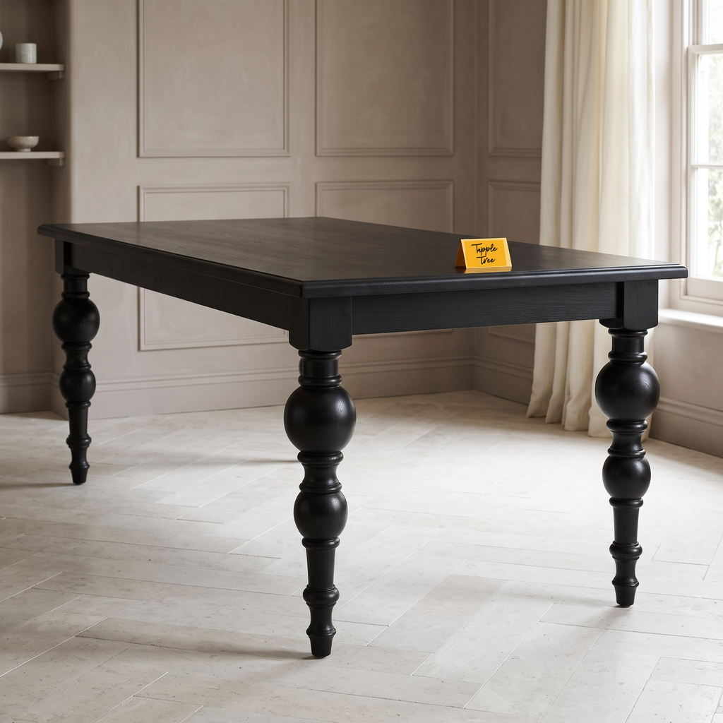 Noir Trestle Black Mango Wood 6-Seater Dining Table, side view in a dining room