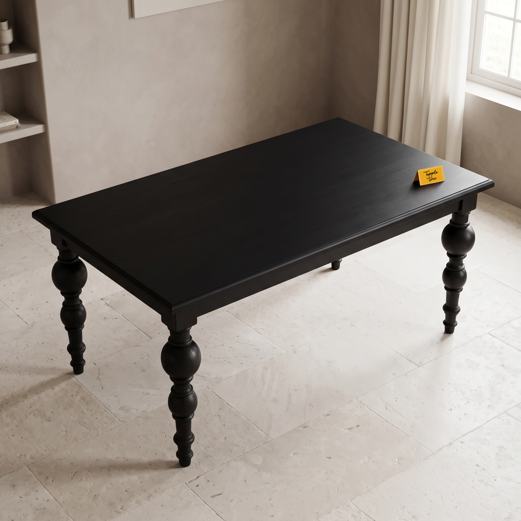 Noir Trestle Black Mango Wood 6-Seater Dining Table, view from above in a dining room