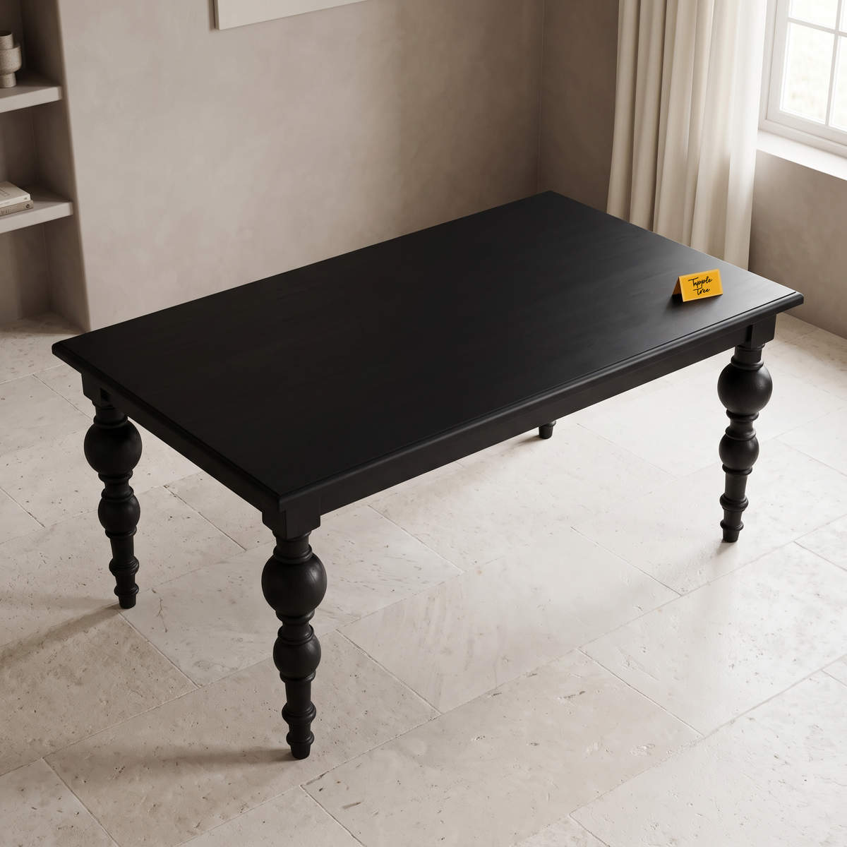 Noir Trestle Black Mango Wood 6-Seater Dining Table, view from above in a dining room
