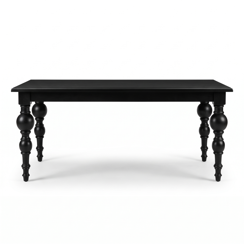 Noir Trestle Black Mango Wood 6-Seater Dining Table, front view on a white background