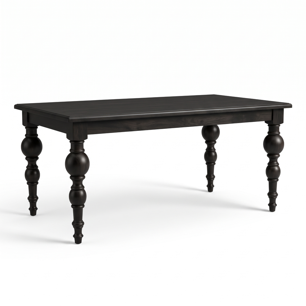Noir Trestle Black Mango Wood 6-Seater Dining Table, left three-quarter view on a white background