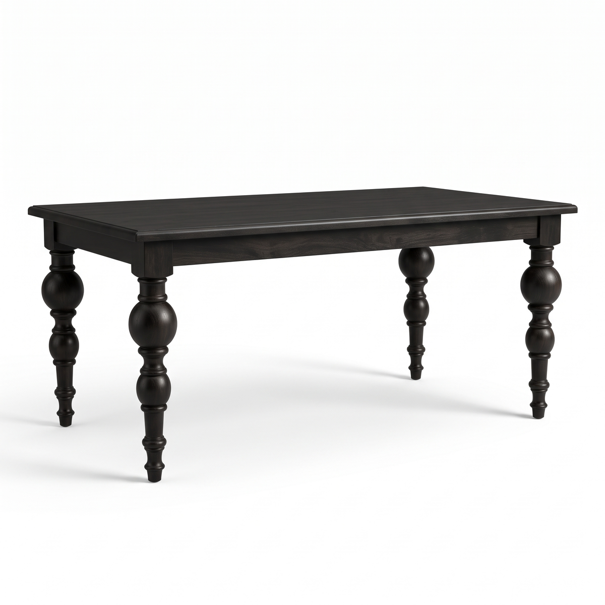 Noir Trestle Black Mango Wood 6-Seater Dining Table, left three-quarter view on a white background